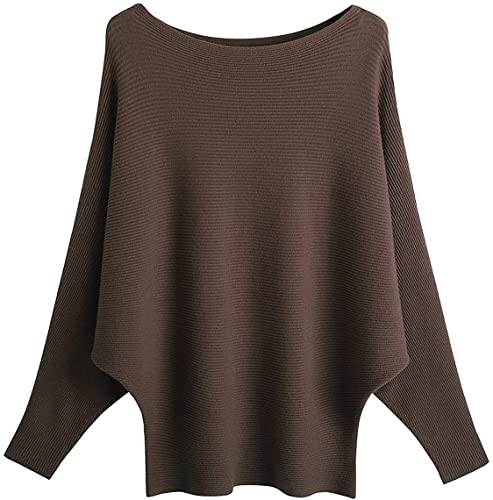 GXIN Damen Pullover Schulternfrei Fledermaus-Ärmel Lose Passform Lässiger Pullover Warmer Oversize-Strickpullover Top (Braun) von GXIN