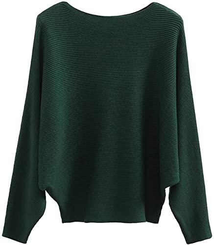 GXIN Damen Pullover Schulternfrei Fledermaus-Ärmel Lose Passform Lässiger Pullover Warmer Oversize-Strickpullover Top (Dunkelgrün) von GXIN