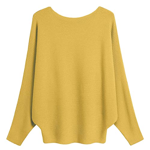 GXIN Frauen Fledermausärmel Pullover Boot Hals aus Schulter lose Passform lässig Dolman gestrickt Pullover Damen Pulli Tops Eine Größe (Gelb) von GXIN