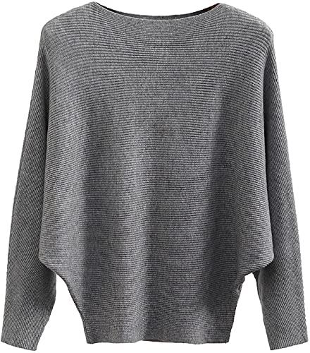 GXIN Frauen Fledermausärmel Pullover Boot Hals aus Schulter lose Passform lässig Dolman gestrickt Pullover Damen Pulli Tops Eine Größe (Grau) von GXIN