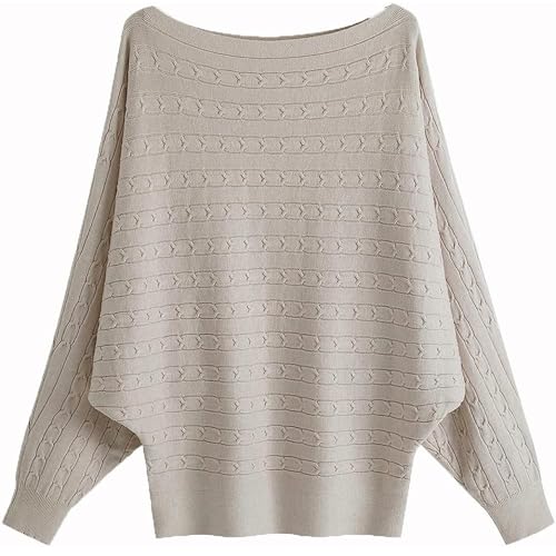 GXIN Frauen Fledermausärmel Pullover Boot Hals aus Schulter lose Passform lässig Dolman gestrickt Pullover Damen Pulli Tops (Jacquard-Aprikose) von GXIN