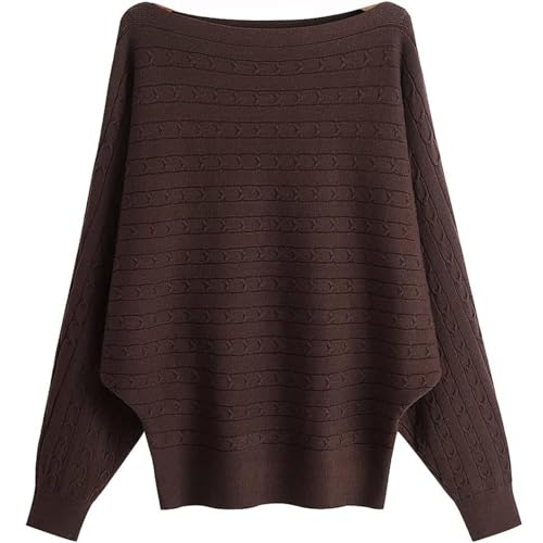 GXIN Frauen Fledermausärmel Pullover Boot Hals aus Schulter lose Passform lässig Dolman gestrickt Pullover Damen Pulli Tops (Jacquard-braun) von GXIN