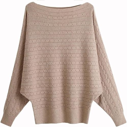 GXIN Frauen Fledermausärmel Pullover Boot Hals aus Schulter lose Passform lässig Dolman gestrickt Pullover Damen Pulli Tops (Jacquard-Kamel) von GXIN