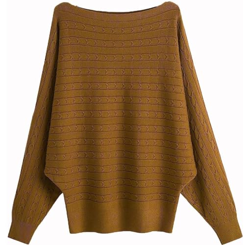 GXIN Damen Pullover Schulternfrei Fledermaus-Ärmel Lose Passform Lässiger Pullover Warmer Oversize-Strickpullover Top (Jacquard-Dunkelgelb) von GXIN