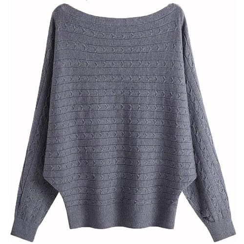 GXIN Damen Pullover Schulternfrei Fledermaus-Ärmel Lose Passform Lässiger Pullover Warmer Oversize-Strickpullover Top (Jacquard-Grau) von GXIN