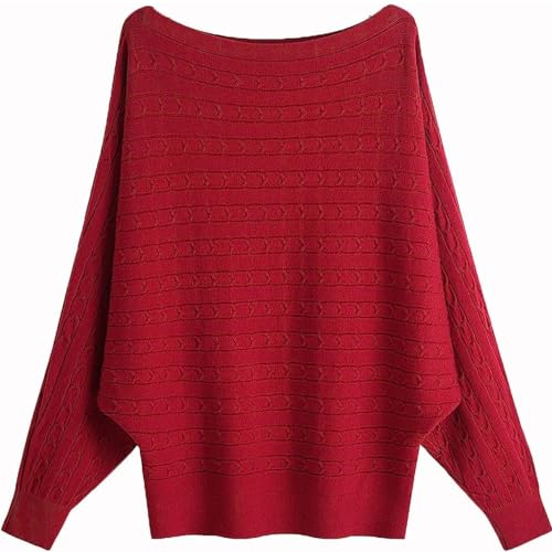 GXIN Frauen Fledermausärmel Pullover Boot Hals aus Schulter lose Passform lässig Dolman gestrickt Pullover Damen Pulli Tops (Jacquard-rot) von GXIN