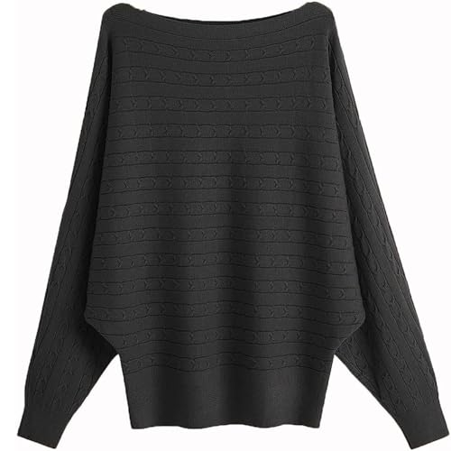 GXIN Damen Pullover Schulternfrei Fledermaus-Ärmel Lose Passform Lässiger Pullover Warmer Oversize-Strickpullover Top (Jacquard-Schwarz) von GXIN