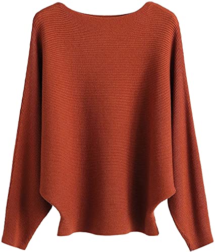 GXIN Damen Pullover Schulternfrei Fledermaus-Ärmel Lose Passform Lässiger Pullover Warmer Oversize-Strickpullover Top (Karamell) von GXIN