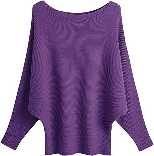 GXIN Damen Pullover Schulternfrei Fledermaus-Ärmel Lose Passform Lässiger Pullover Warmer Oversize-Strickpullover Top (Lila) von GXIN