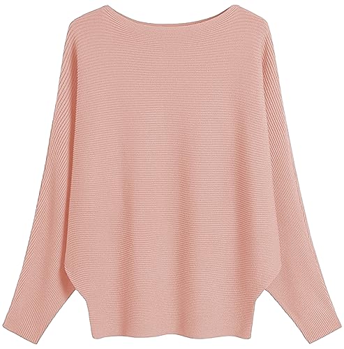 GXIN Damen Pullover Schulternfrei Fledermaus-Ärmel Lose Passform Lässiger Pullover Warmer Oversize-Strickpullover Top (Rosa) von GXIN