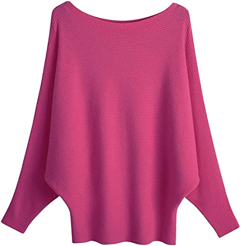 GXIN Damen Pullover Schulternfrei Fledermaus-Ärmel Lose Passform Lässiger Pullover Warmer Oversize-Strickpullover Top (Rosenrot) von GXIN