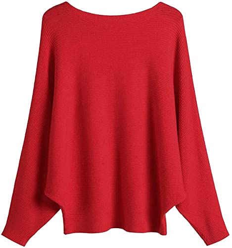 GXIN Damen Pullover Schulternfrei Fledermaus-Ärmel Lose Passform Lässiger Pullover Warmer Oversize-Strickpullover Top (Rot) von GXIN