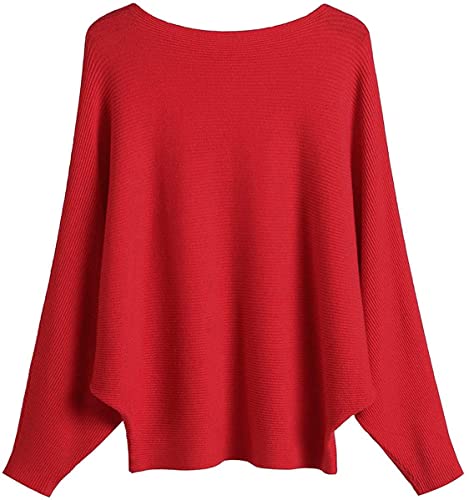 GXIN Frauen Fledermausärmel Pullover Boot Hals aus Schulter lose Passform lässig Dolman gestrickt Pullover Damen Pulli Tops Eine Größe (Rot) von GXIN