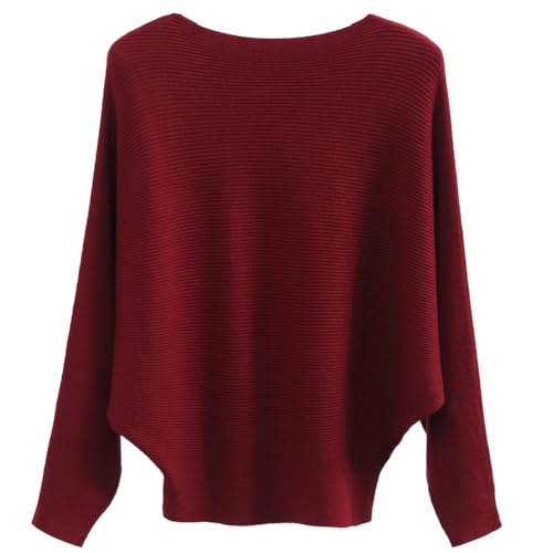 GXIN Frauen Fledermausärmel Pullover Boot Hals aus Schulter lose Passform lässig Dolman gestrickt Pullover Damen Pulli Tops Eine Größe (Weinrot) von GXIN