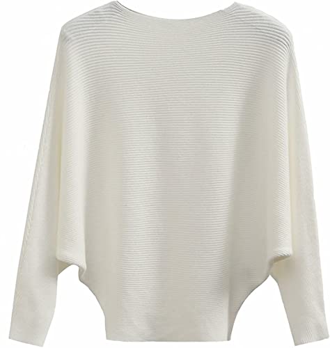 GXIN Damen Pullover Schulternfrei Fledermaus-Ärmel Lose Passform Lässiger Pullover Warmer Oversize-Strickpullover Top (Weiß) von GXIN