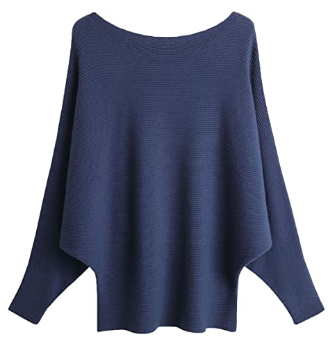 GXIN Damen Pullover Schulternfrei Fledermaus-Ärmel Lose Passform Lässiger Pullover Warmer Oversize-Strickpullover Top (Marineblau) von GXIN