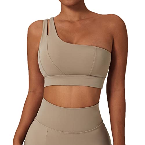 GXIN Frauen eine Schulter Yoga-BH Ausschnitt Riemen sportlich Sport Laufen Workout Top (as3, Alpha, m, Regular, Regular, Standard, Rechts-Khaki, M) von GXIN