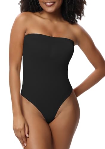 GXIN Shapewear Bodysuit für Damen trägerlos formenden Körper abnehmbare Schulterriemen Bauch Kontrolle Tanga Bildhauerei Bodysuit (S, Schwarz) von GXIN