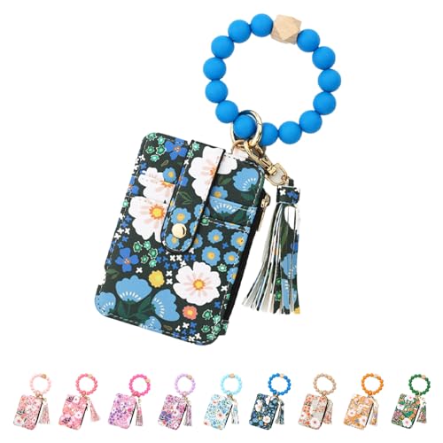 Women's Boho Beaded Wallet with Flower Pattern, Beaded Wristlet Keychain Wallet, Credit Card Holder with Beaded & Tassel (Dark Blue) von GXJIXf