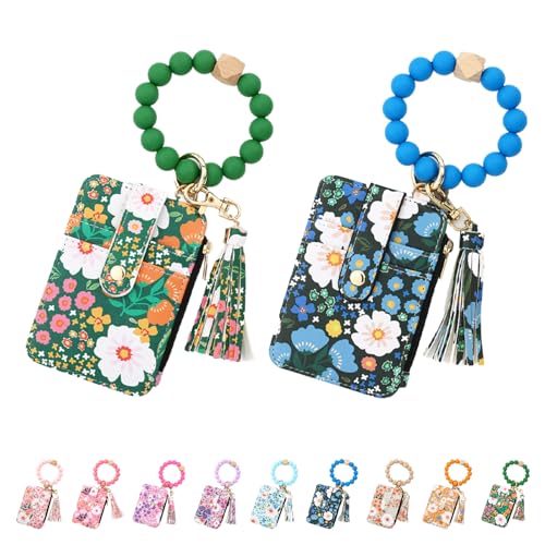 Women's Boho Beaded Wallet with Flower Pattern, Beaded Wristlet Keychain Wallet, Credit Card Holder with Beaded & Tassel (Dark Blue+Green) von GXJIXf