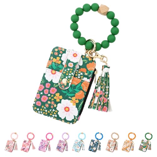 Women's Boho Beaded Wallet with Flower Pattern, Beaded Wristlet Keychain Wallet, Credit Card Holder with Beaded & Tassel (Green) von GXJIXf