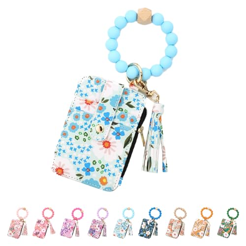 Women's Boho Beaded Wallet with Flower Pattern, Beaded Wristlet Keychain Wallet, Credit Card Holder with Beaded & Tassel (Light Blue) von GXJIXf