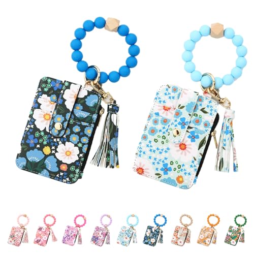 Women's Boho Beaded Wallet with Flower Pattern, Beaded Wristlet Keychain Wallet, Credit Card Holder with Beaded & Tassel (Light Blue+Dark Blue) von GXJIXf