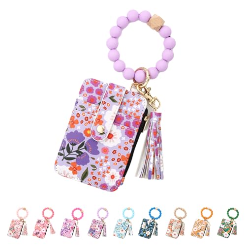 Women's Boho Beaded Wallet with Flower Pattern, Beaded Wristlet Keychain Wallet, Credit Card Holder with Beaded & Tassel (Light Purple) von GXJIXf