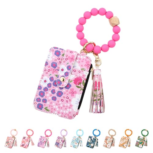 Women's Boho Beaded Wallet with Flower Pattern, Beaded Wristlet Keychain Wallet, Credit Card Holder with Beaded & Tassel (Rose Red) von GXJIXf