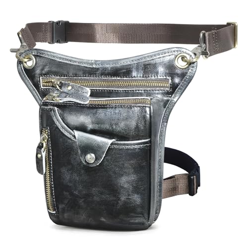 Beintasche Motorrad Dickes Leder Herren Design Casual Kaffee Klassische Schultertasche Reise Hüfttasche Beintasche(Black 2) von GXMDSGZ