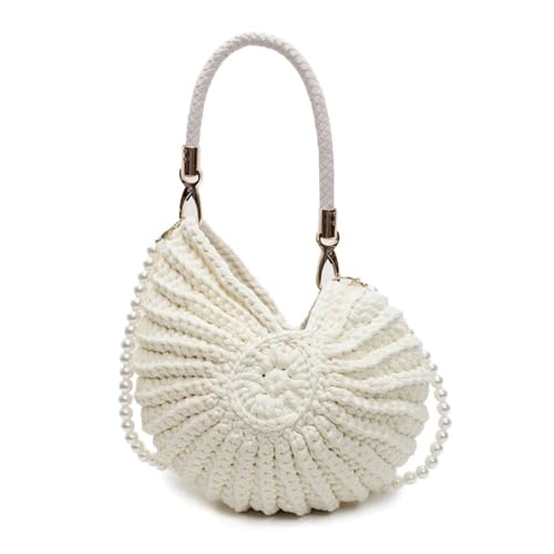 GXMDSGZ Handgewebte Muscheltasche, einzigartige Strick-Schulterhandtasche, Sommer-Strand-Accessoire, schicke Urlaubs-Schultertaschen mit Perlenkette(Beige) von GXMDSGZ