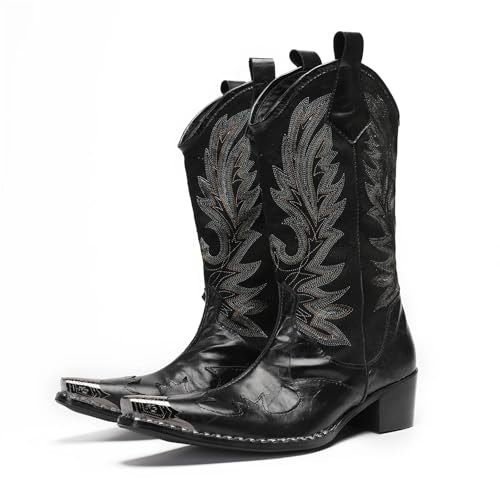 GXMDSGZ Herren Cowboystiefel Bestickte Herren-Pferdestiefel, Cowboystiefel mit Metallkappe, Performance-Patchwork-Patches, Rock-Stiefel mit hohen Absätzen(Black,46) von GXMDSGZ