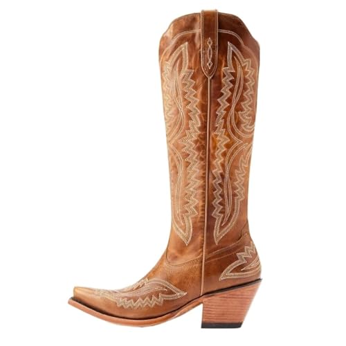 GXMDSGZ Herren Cowboystiefel Retro-Auto-Nähte, dicker Absatz, Western-Cowboystiefel, mittelalterlich, bestickt, Unisex, Herren/Damen, Übergröße 37–48, Ritterstiefel(Brown,40) von GXMDSGZ
