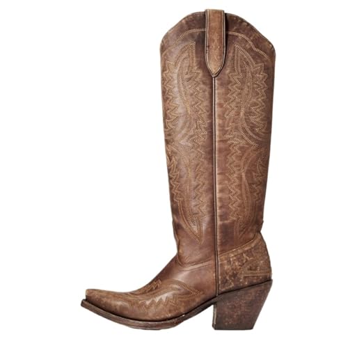 GXMDSGZ Herren Cowboystiefel Retro-Auto-Nähte, dicker Absatz, Western-Cowboystiefel, mittelalterlich, bestickt, Unisex, Herren/Damen, Übergröße 37–48, Ritterstiefel(Dark Brown,46) von GXMDSGZ
