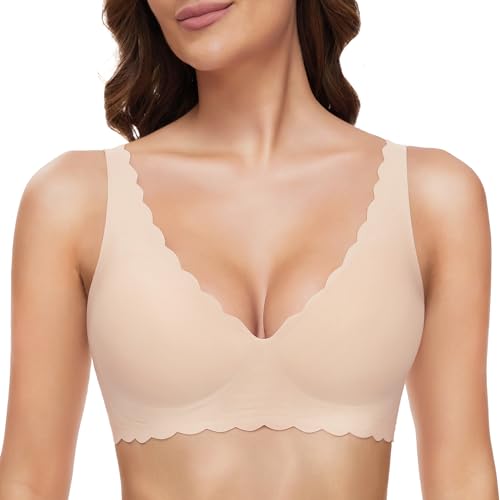 GXOULRRA Komfort Tief V BH Damen ohne bügel Buttrig Glatter Bustier Damen BH ohne Bügel mit zusätzlicher BH-Verlängerung Beige L von GXOULRRA