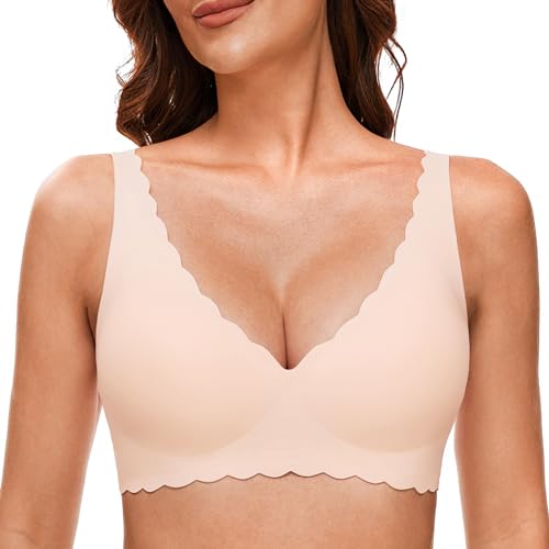 GXOULRRA Komfort Tief V BH Damen ohne bügel Buttrig Glatter Bustier Damen BH ohne Bügel mit zusätzlicher BH-Verlängerung Beige M von GXOULRRA