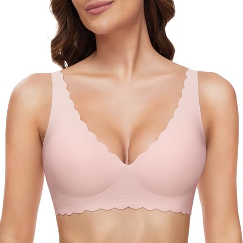 GXOULRRA Komfort Tief V BH Damen ohne bügel Buttrig Glatter Bustier Damen BH ohne Bügel mit zusätzlicher BH-Verlängerung Rosa L von GXOULRRA