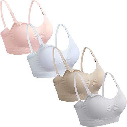 GXXGE 4Pack Womens Seamless Clip Down Maternity and Nursing Bra Push Up Sleeping Bralette for Breastfeeding Underwear Beige Grey Pink White Large von GXXGE