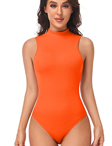 GXXGE Damen Mock Turtle Neck Ärmellos Tank Tops / Kurzarm Body Leotard Kleidung, Orange/Abendrot im Zickzackmuster (Sunset Chevron), L von GXXGE