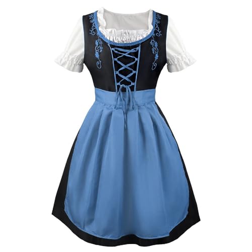 Dirndl Blau - Damen Dirndl Mit Blumenmuster-Brustteil, Blauschlauem Bindschnur-Design, Puffärmeln Mit Spitze, Schwarzem Rock Und Spitzenbesatz Dirndl Blau - Damen Dirndl Mit Blumenmuster-Brustteil, Blauschlauem Bindschnur-Design, Puffärmeln Mit Spitze, Schwarzem Rock Und Spitzenbesatz von GXYANiaoy