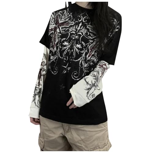 GXYANiaoy Damen Gothic Sweatshirt Y2K Langarm Shirt Emo Grunge Alt Vintage Streetwear E-Girl Grafikdruck Pullover 90er Jahre Anime Academia Baggy Top Casual Sport Langarmshirt Femboy Techwear Clothes von GXYANiaoy