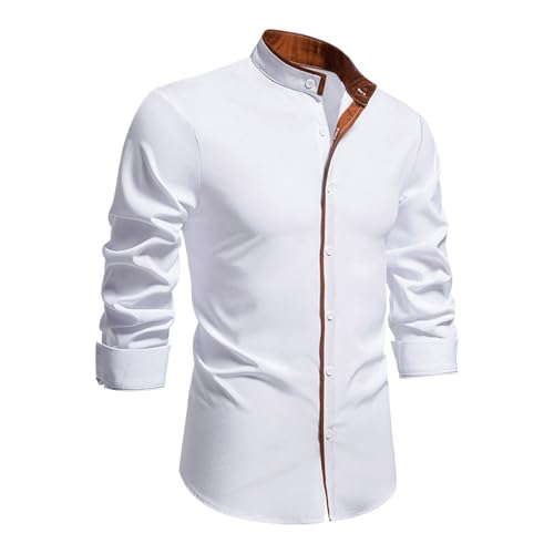 GXYANiaoy Herren Hemd Langarm, Bügelfreie Rockabilly Leinenhemd Leinen Business Oberhemden Stehkragen Vintage Stehkragenhemd Stretch Knopfleiste Slim Fit Westernhemd Button Hemdjacke Trachtenhemd von GXYANiaoy