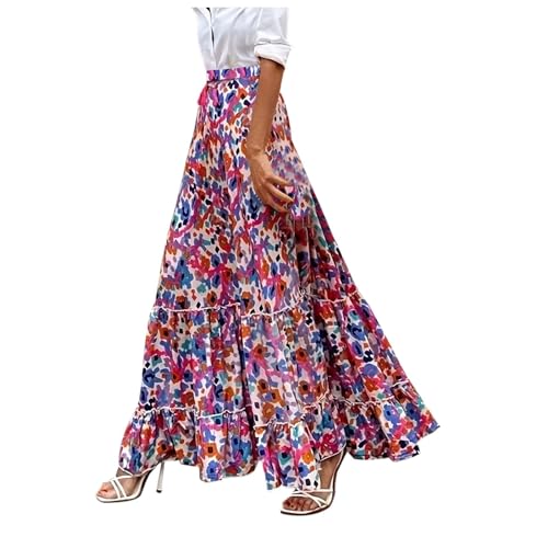 Rock Damen Lang, Boho Blumen Hohe Elastische Taille mit Taschen und Gürtel High Strandrock Stretch Pull On Freizeitrock Elegant Gedruckte A Linie Blumenrock Lässig Holiday Beach Faltenrock von GXYANiaoy