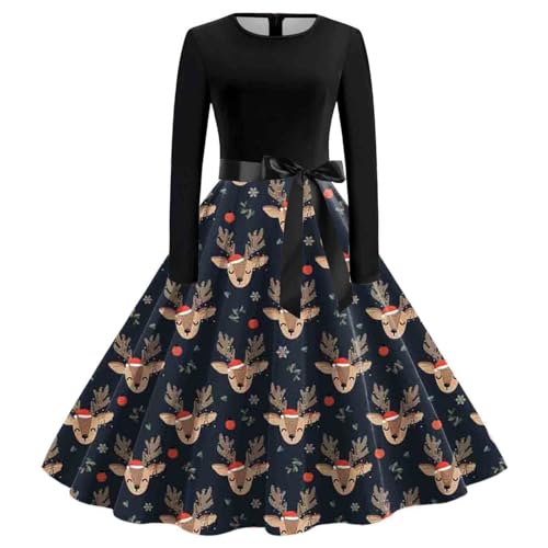 Weihnachtskleid Damen Elegant Vintage Rockabilly V-Ausschnitt Langarm A-Linie Übergröße Weihnachten Kleid mit Schleife Slim Große Größe Midikleid Festival Abendkleid Partykleid Cocktaikleid von GXYANiaoy