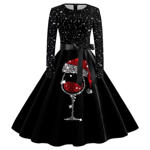 Weihnachtskleid Damen Elegant Vintage Rockabilly V-Ausschnitt Langarm A-Linie Übergröße Weihnachten Kleid mit Schleife Slim Große Größe Midikleid Festival Abendkleid Partykleid Cocktaikleid von GXYANiaoy