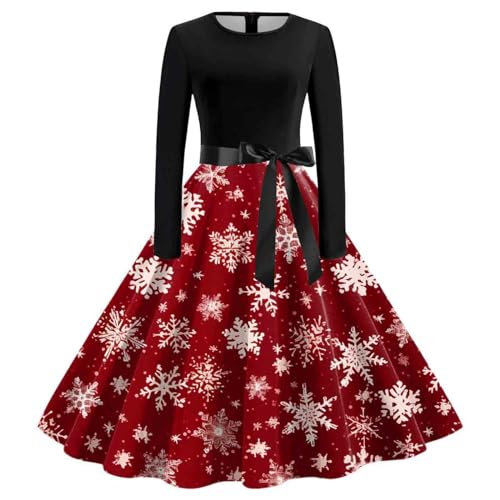 Weihnachtskleid Damen Elegant Vintage Rockabilly V-Ausschnitt Langarm A-Linie Übergröße Weihnachten Kleid mit Schleife Slim Große Größe Midikleid Festival Abendkleid Partykleid Cocktaikleid von GXYANiaoy