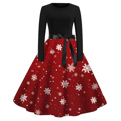 Weihnachtskleid Damen Sexy Lustig Elegant Weihnachten Kleider Langarm Weihnachtskleid Vintage Hepburn Cocktailkleid Weihnachten Druck Partykleid A-Linie Swing Kleid Dress s-XXL von GXYANiaoy