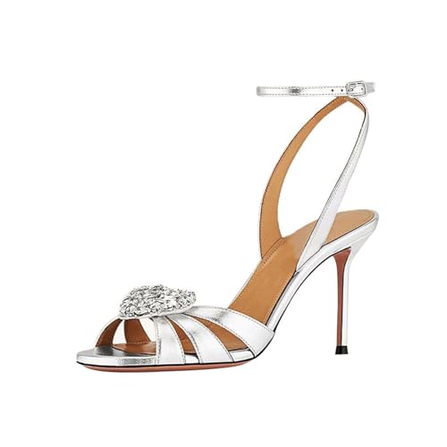 GXYHJVMFPSC High Heels Damen Runde Offene Zehen Strass Stilettos Sandalen Schuhe für Party Abend Sommerschuhe 10 CM-Silver||41 定制不退换 von GXYHJVMFPSC