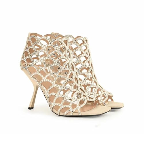 High Heels Damen Square Peep Toe Stiletto Sandalen Strass mit Reißverschluss Ausschnitt Abschlussball Party Schuhe 10CM-apricot||40 von GXYHJVMFPSC