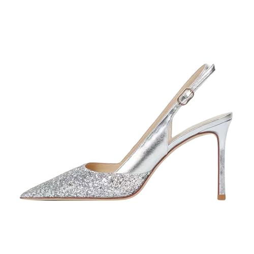 High Heels Damen Stiletto Slingback Pumps Geschlossene Spitze Zehen Knöchelriemen Sandalen Hochzeitskleid Schuhe 10cm-Silver||43 von GXYHJVMFPSC